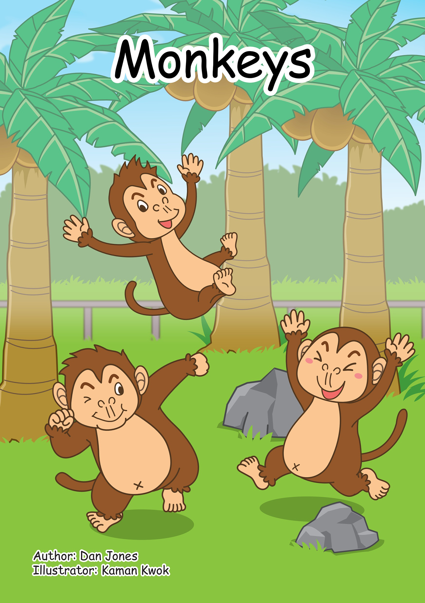 3 cartoon monkeys in trees